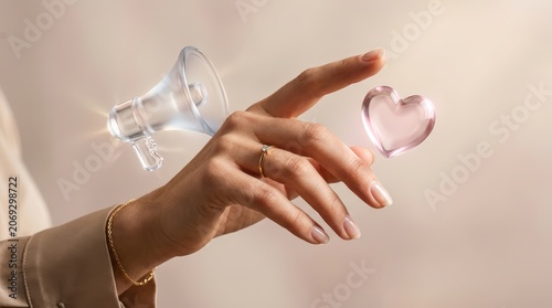 Dynamic digital asset portraying hand with floating glass icons in a modern context