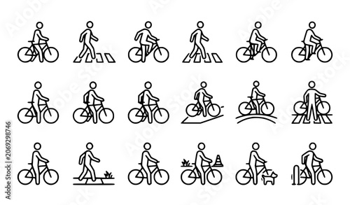 Bicycle, cycling, walking and pedestrian line icons set