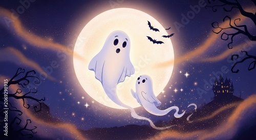 Two cartoon ghosts floating in front of a large full moon on Halloween night with bats flying.
