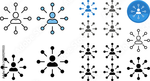 Photos Affiliate marketing and user network icon set featuring central person node conn