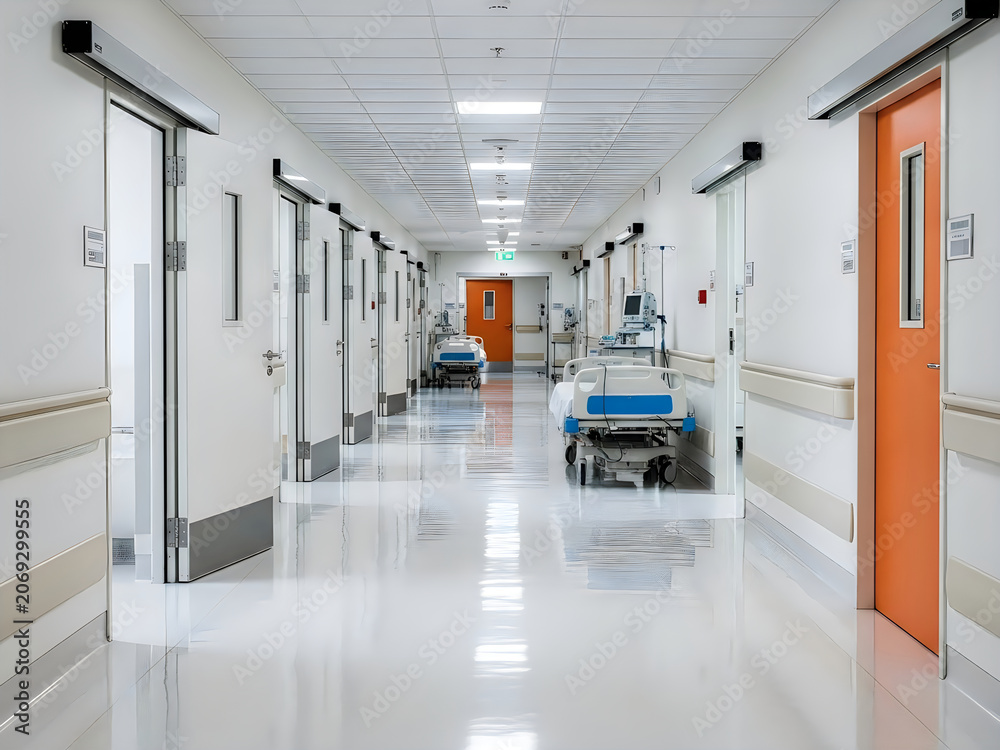 Obraz premium A long hospital corridor with white walls and shiny floor with medical beds