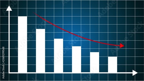 Business Animation of a Decreasing White Bar Graph and Downward Red Trend Line Arrow Indicating Financial Loss, Market Crash, and Economic Decline on a Blue Grid Background