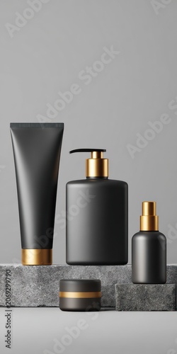 Cosmetic packaging mockup set of black containers with gold accents on a stone surface