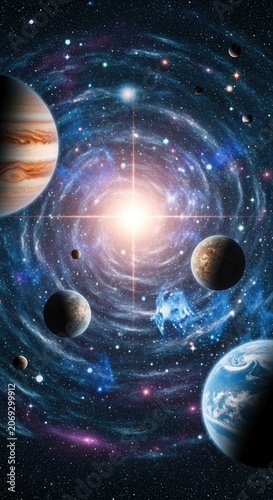 Vast Cosmic Nebula with Planets and Stars.