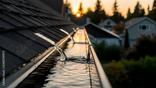 Water overflowing from clogged gutter on roof at sunset