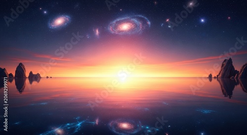 Vast Cosmic Landscape with Glowing Sun and Distant Galaxies Reflected in Water.