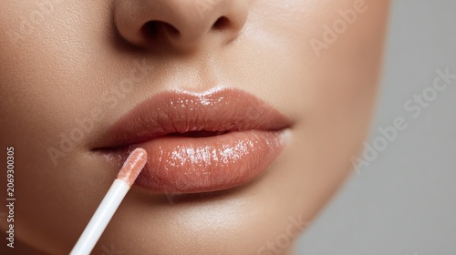 Close up of person applying lip gloss to moisturized lips