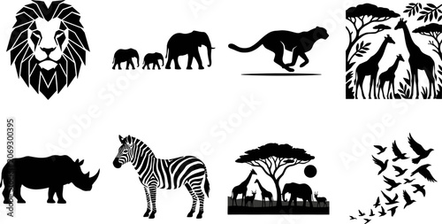 Photography Collection of African wildlife safari animal silhouettes featuring lion, elephan