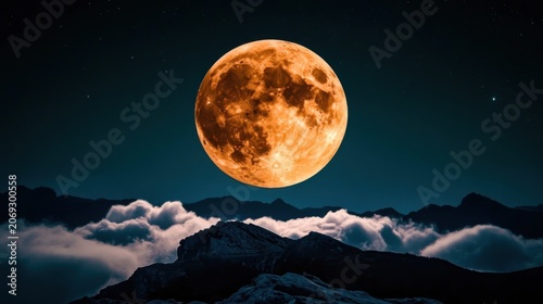 Breathtaking full moon casting light over a majestic mountain scene surrounded by striking clouds during the night
