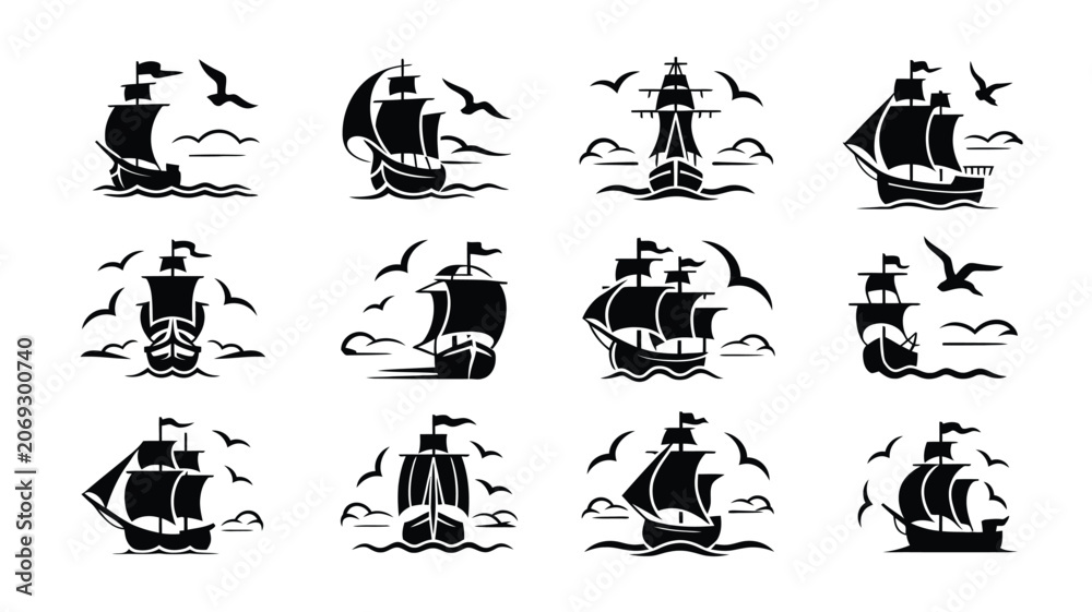 Obraz premium Sailing ships and boats on water with seagulls flying overhead in black silhouette vector icons