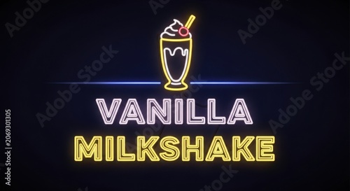 Vanilla Milkshake Neon Sign Glowing in Darkness.