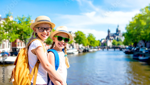 Lachende Mädchen mit Rucksäcken in Amsterdam