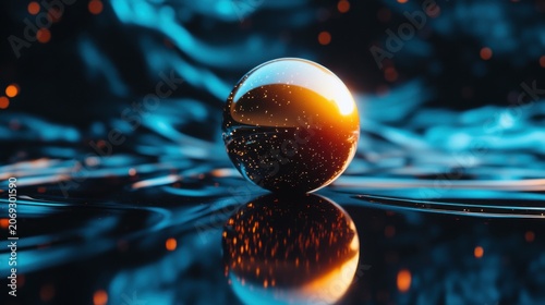 A luminous sphere casting reflections on a tranquil water surface surrounded by enchanting bokeh effects in a dreamlike atmosphere