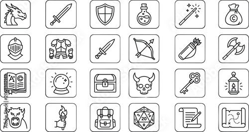 Tableau sur toile Fantasy roleplaying game square button icon set including dragon sword shield potion chest and dice