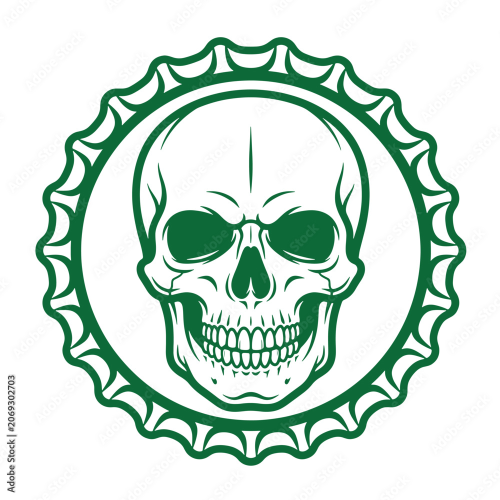 Fototapeta premium A dark green of a human skull centered inside a jagged bottle cap shape, isolated on a white background, featuring bold lines and a minimalist two-tone color scheme for stickers