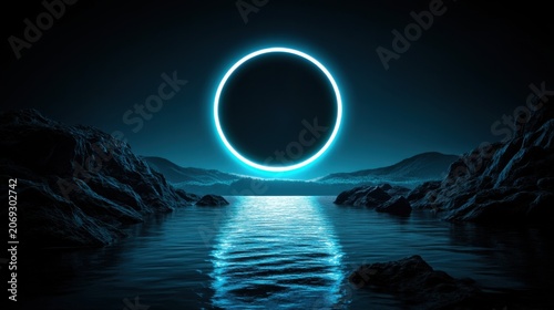 Serene night scene featuring a luminous blue circle above tranquil waters and a rugged coastline beneath a star filled sky