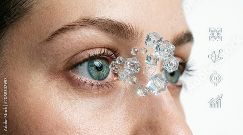 Virtual reality inspired artwork illustrating model's cheek with fractal shapes elegantly