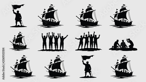 Fotografie Black silhouettes of people and sailing ships on water conveying exploration