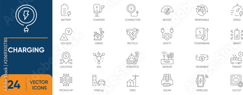 Charging Icon Set. Containing Battery, Charge, Energy, Wireless, Renewable, Power and more. Editable vector Line icons collection.