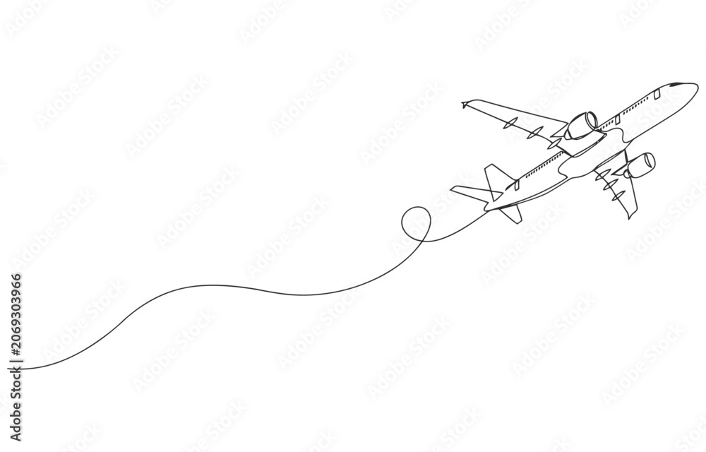 Obraz premium Airplane in one continuous line drawing, Travel continuous line drawing with color shapes.