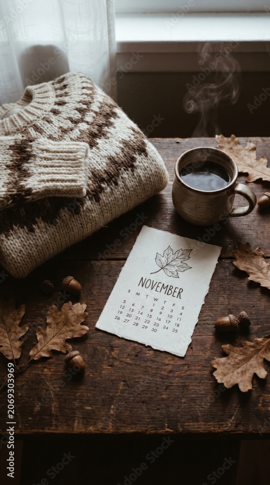 Fototapeta premium cozy autumn still life. knitted sweater, steaming coffee mug, dry oak leaves, acorns on dark wooden table. paper calendar showing november. fall seasonal aesthetic. social media post, greeting card.