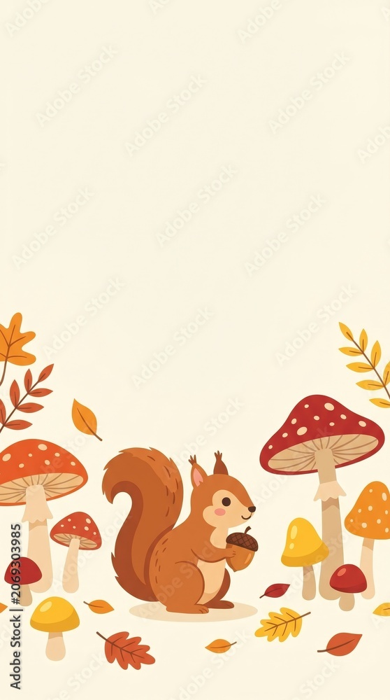Fototapeta premium cute squirrel holding acorn surrounded by forest mushrooms and autumn leaves. light beige background with copy space. fall season nature concept. greeting card, poster, children illustration.