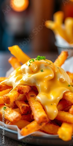 Golden brown fries topped with melted cheddar and creamy sauce, comfort-food, lunch