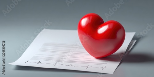 Red heart resting on medical document representing health and healthcare concepts on neutral background