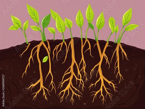 Roots growing downwards in soil vector illustration, nature, plant