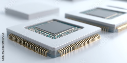 Close up of computer processors on a bright background showcasing technology concepts