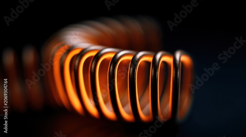 Close up of a heated coil in a dark setting showing orange glow and design