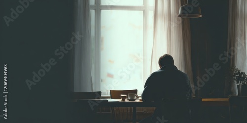 Person sitting at table near window in room silhouette with natural light