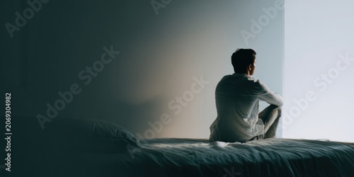Man sitting on bed looking towards light indoors representing hope or contemplation
