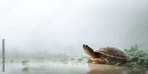 Turtle exploring nature environment animal on green plants in a foggy atmosphere