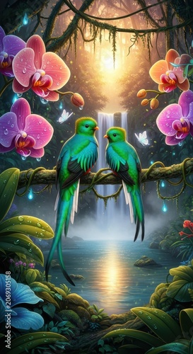 Two Quetzal Birds Perched Together in a Lush Tropical Rainforest Scene.
