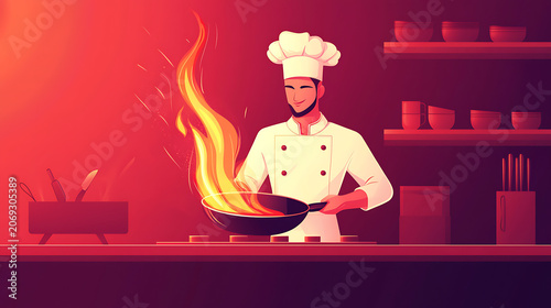 A chef cooks food on fire in a kitchen at night