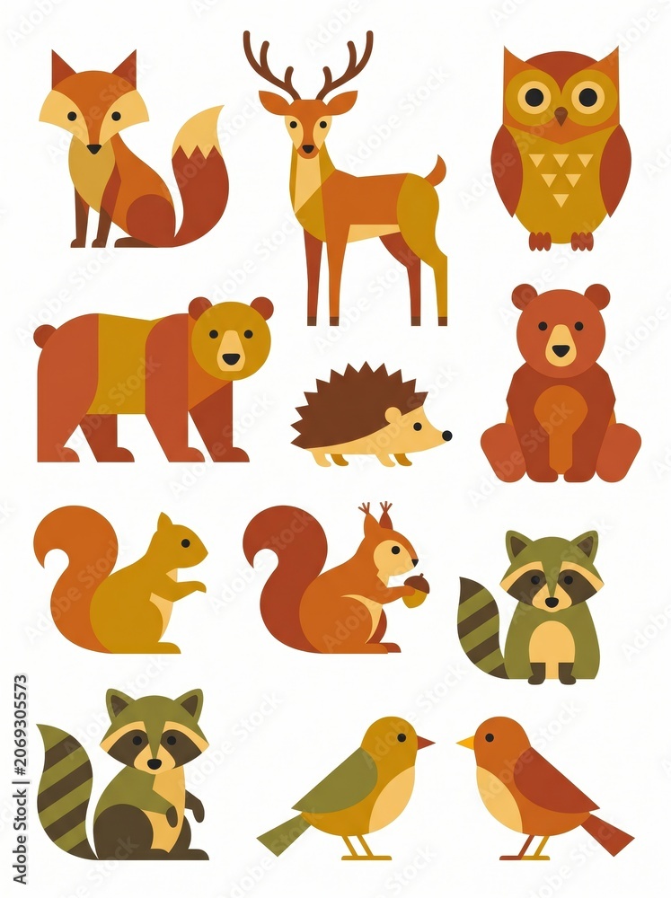 Fototapeta premium woodland animals set. cute flat forest creatures. fox, deer, owl, bear, hedgehog, squirrel, raccoon, bird. autumn wildlife nature concept. childish graphic element, nursery print design.