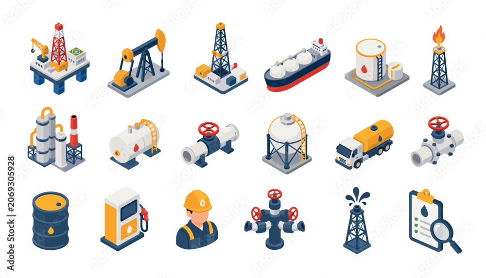 Fototapeta premium Oil Rig Industry Equipment Icons.
