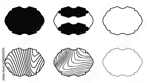 Collection of symmetric bracket-shaped vector frames and vintage oval label silhouettes with abstract liquid marble linework