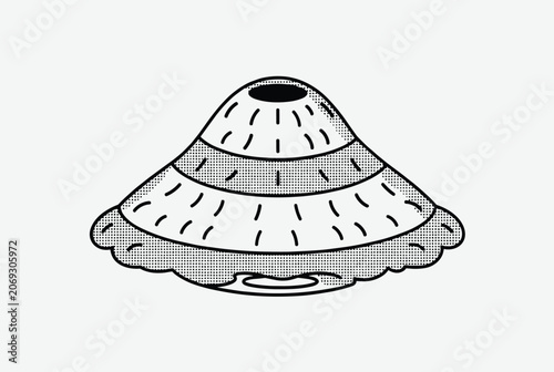 Layered conical design resembling a vintage crinoline skirt or textured hat is shown in a detailed sketch.