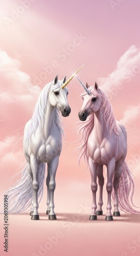 Two Majestic Unicorns Standing Together in a Dreamy Pink Sky.