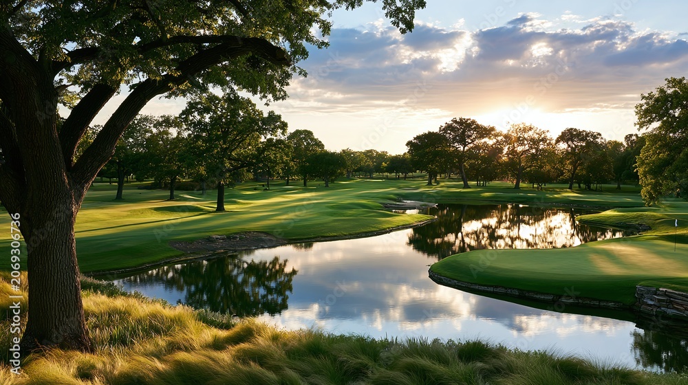 Fototapeta premium Serene Sunset Over Lush Green Landscape with Reflective Water, Majestic Trees, and Rolling Terrain Under a Dynamic Sky, Evoking Tranquility and Natural Beauty