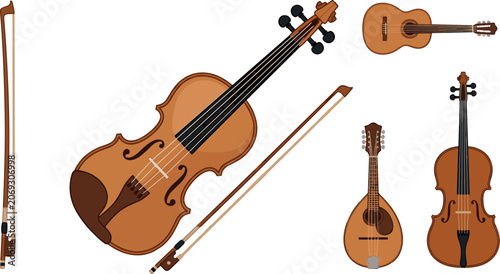 Photos Classical Acoustic String Instrument Vector Set with Violin, Bow, Mandolin, and