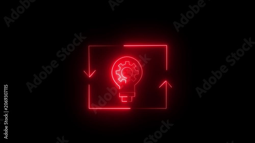 Neon light bulb icon with a gear inside, surrounded by a rectangular frame with arrows, representing innovation, technical process, and creative development, glowing red on black background.