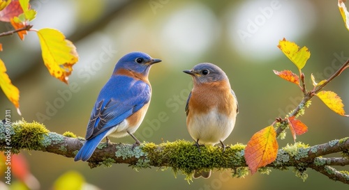 Two Eastern Bluebirds Perched on a Mossy Branch in Autumn.