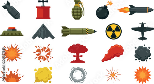 Photos Military Weapon and Explosion Vector Icon Set with Bombs, Missiles, Grenade, Fig