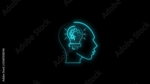Neon glowing light bulb with gear inside head silhouette, concept of innovation, creativity, artificial intelligence, brainstorming, technical thinking and engineering.