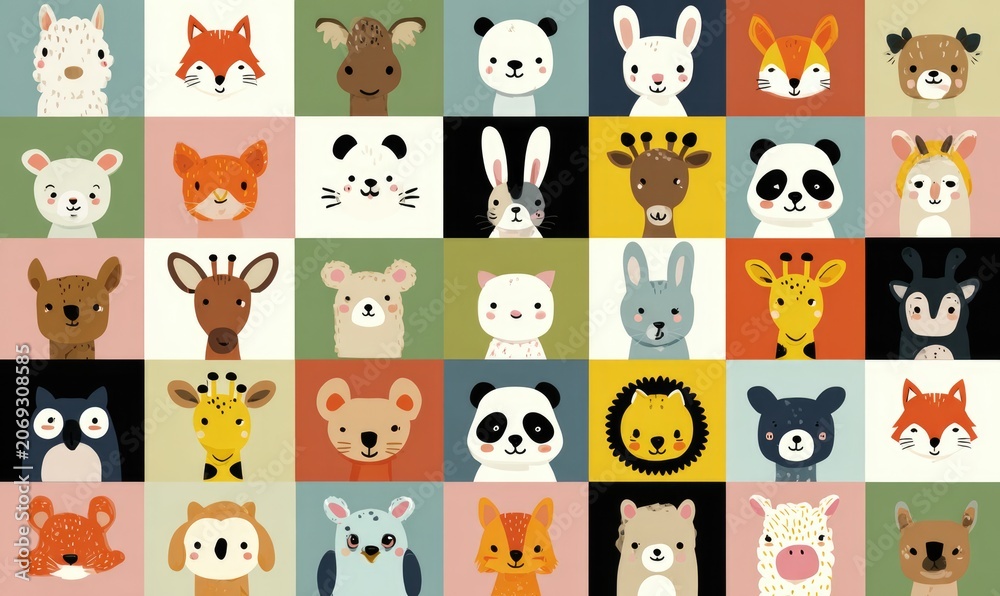 Fototapeta premium Colorful grid of cute animal portraits