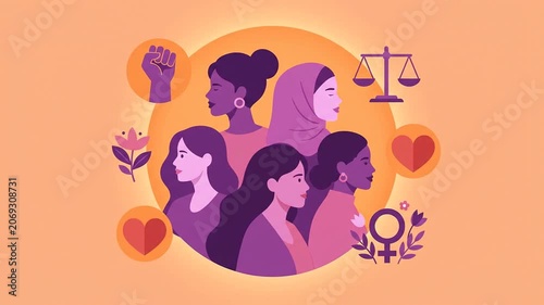 Diverse group of women with equality symbols in flat vector illustration style