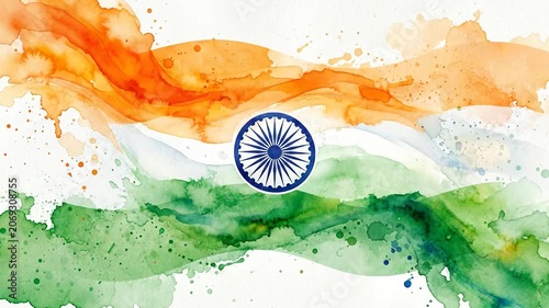 Watercolor Indian flag with Ashoka Chakra and abstract flowing paint splashes